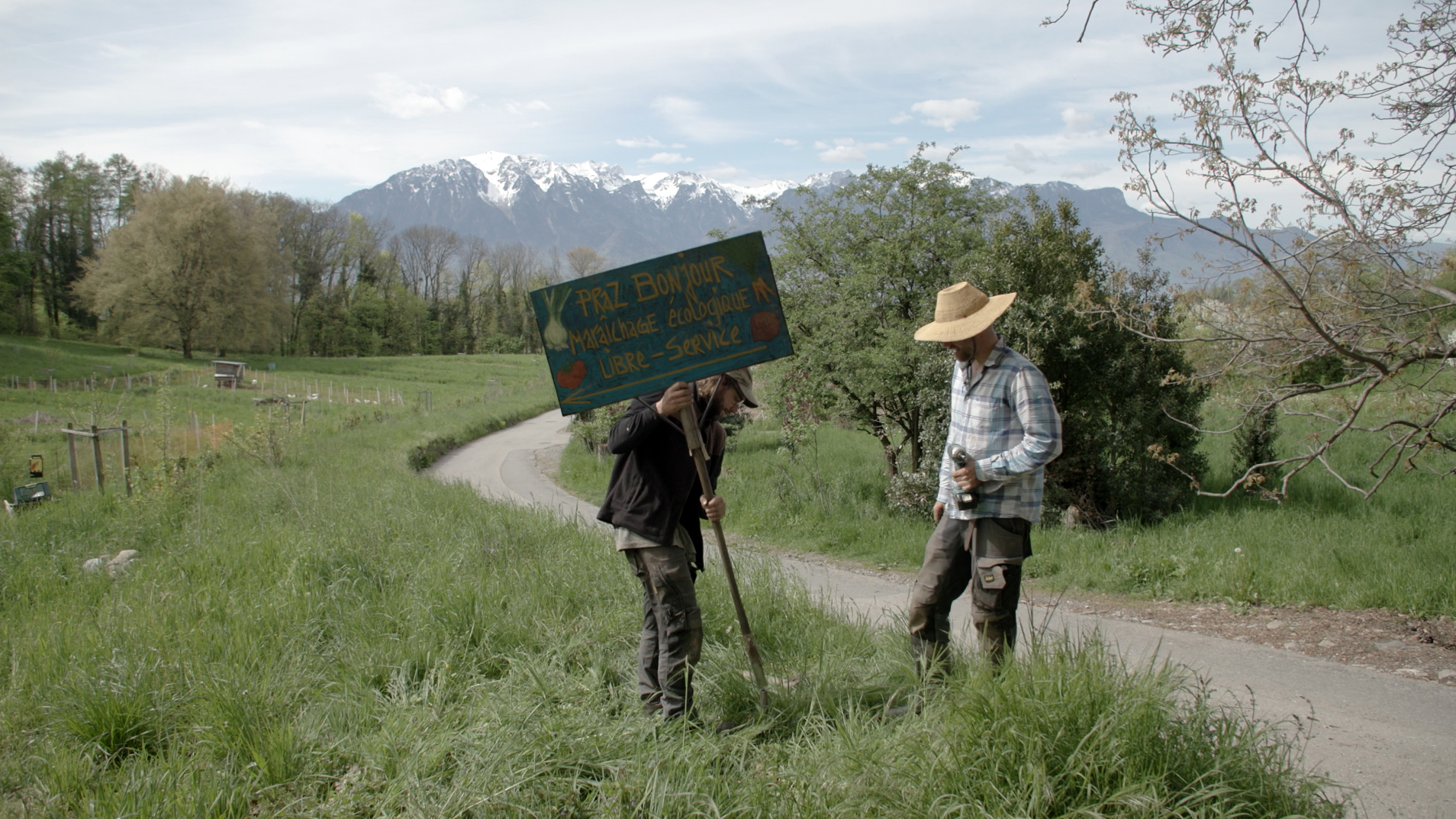 Les prairies, les arbres et les cultures de la ferme, face aux montagnes du Léman